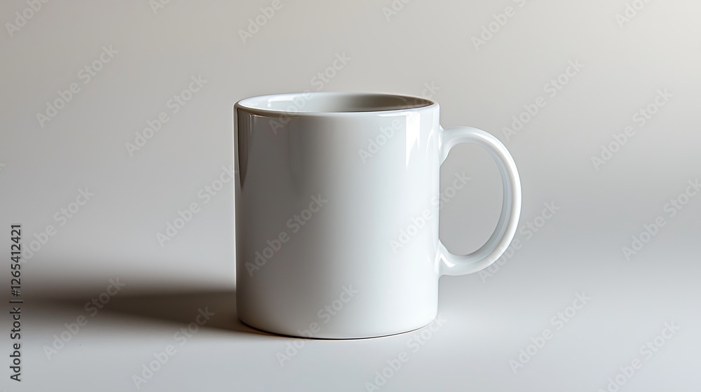Fototapeta premium White mug on surface for mockup use; shadow on light backdrop