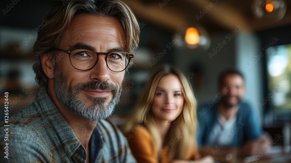 Friendly Man in Glasses with Smiling Woman and Man in Background Friendly Man in Glasses with Smiling Woman and Man in Background