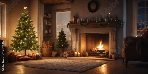 Wallpaper Mural Traditional Christmas tree in front of a warm fireplace, holiday season, Torontodigital.ca