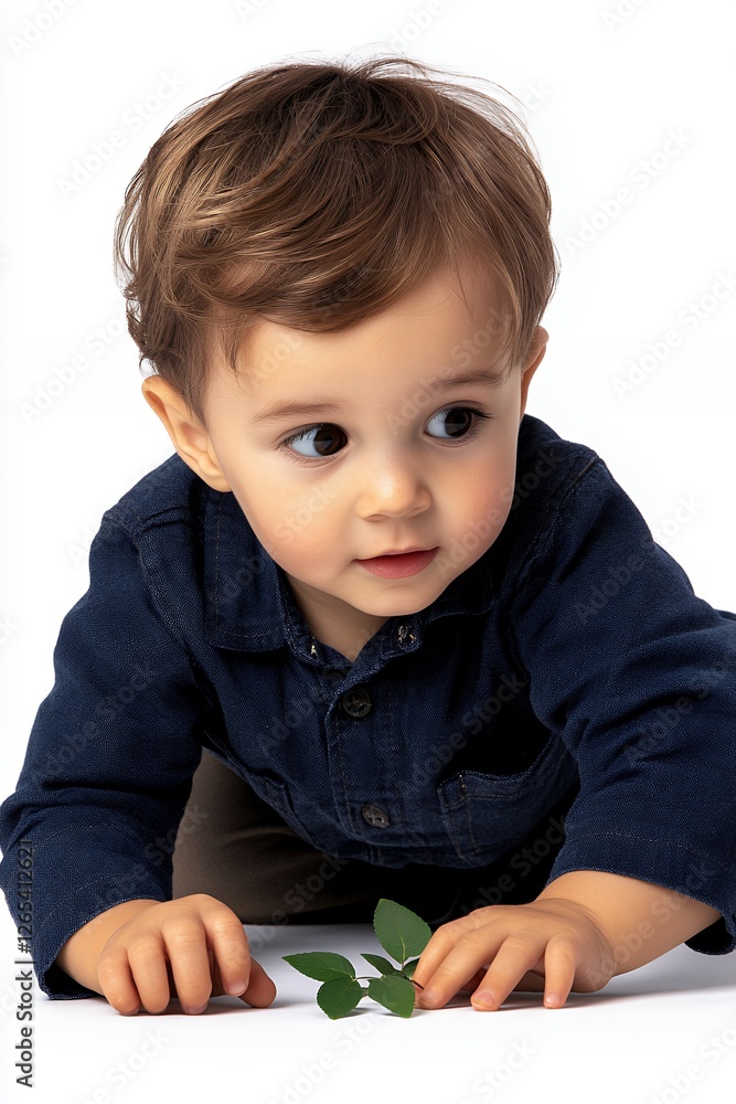 Baby Boy Crawling on White Background with Green Leaf Baby Boy Crawling on White Background with Green Leaf
