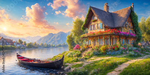 Fairytale Cottage by the River at Sunset.