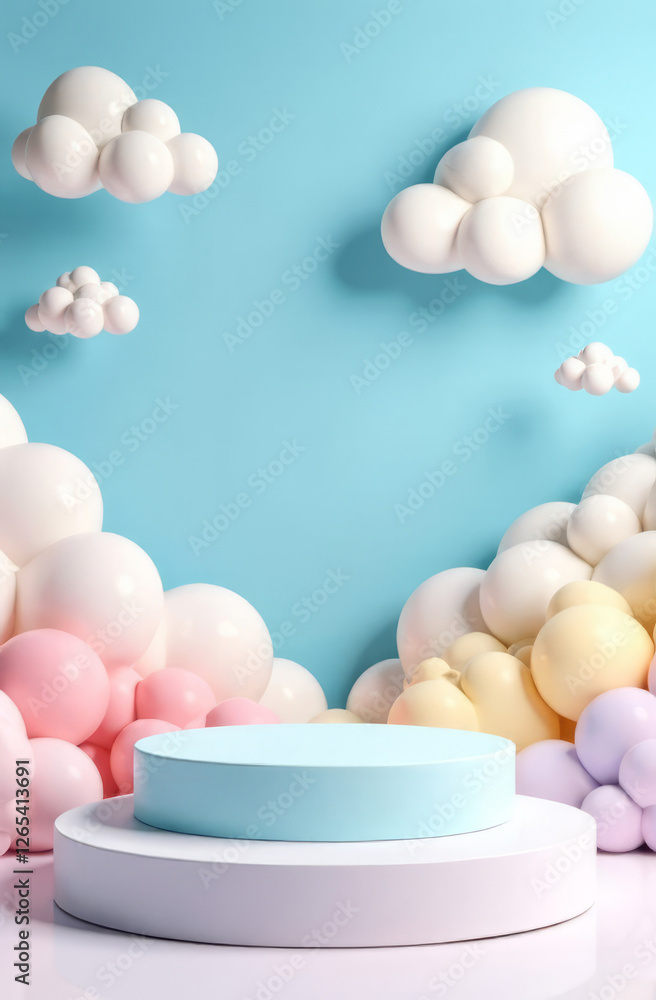 Fototapeta premium Empty podium on blue background, rainbow and clouds, cute kids studio, template.