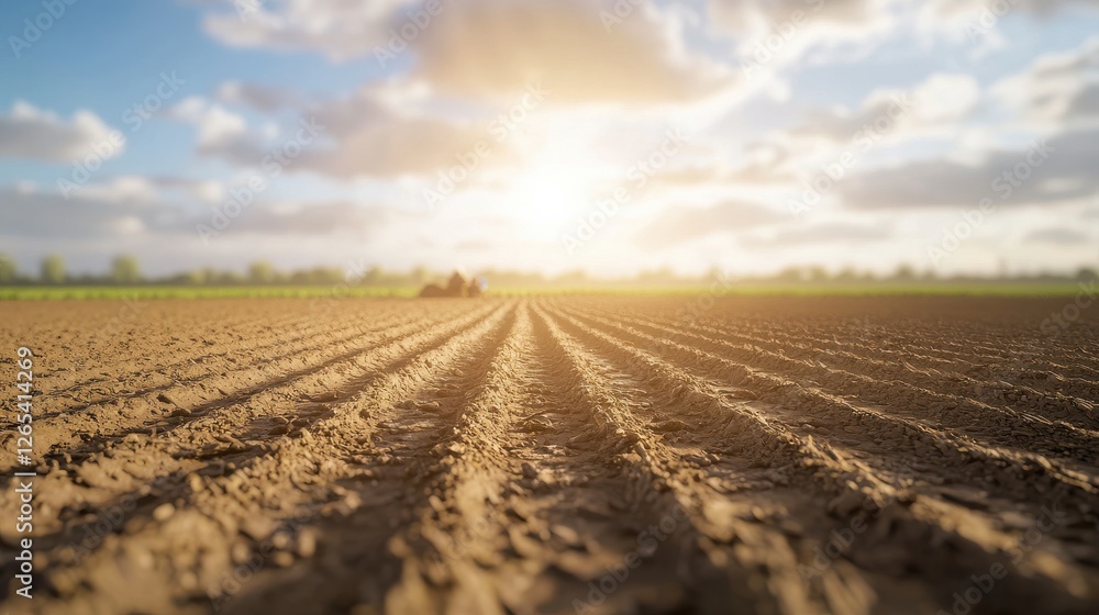A serene landscape showcases plowed fields under a bright sunset, highlighting the beauty of agriculture and earth's natural rhythms.