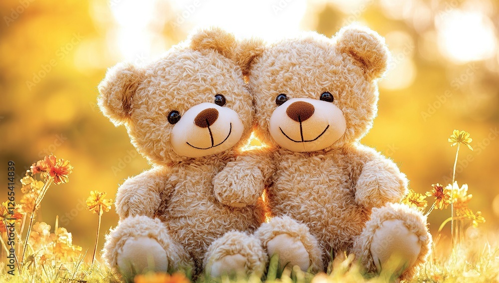 A photograph of two teddy bears sitting together in the sun, embracing each other with their arms A photograph of two teddy bears sitting together in the sun, embracing each other with their arms