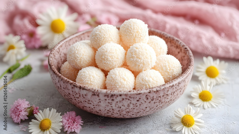 Delicate Coconut Balls in a Rustic Bowl with Daisies and a Soft Pink Fabric Backdrop Delicate Coconut Balls in a Rustic Bowl with Daisies and a Soft Pink Fabric Backdrop