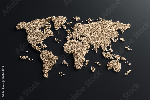 A creative representation of a world map made from small grains, showcasing global themes of geography and nature against a dark background. photo