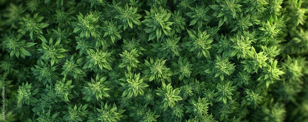 Close-Up Aerial View of Lush Cannabis Field with Dense Green Leaves Close-Up Aerial View of Lush Cannabis Field with Dense Green Leaves