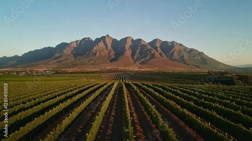 Lush vineyard landscape beneath the majestic mountains during golden hour near Stellenbosch, South Africa