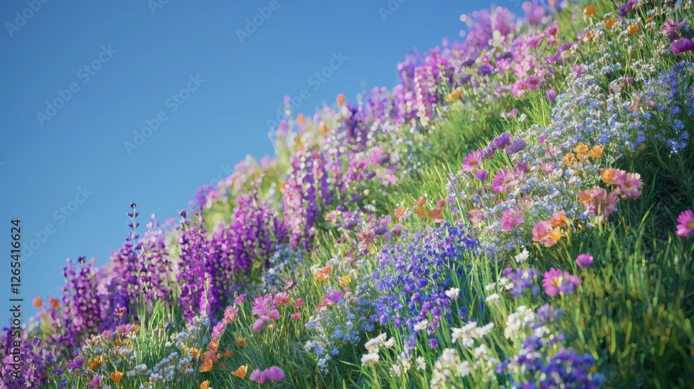 Obraz premium Vibrant Flower Hillside with Colorful Blooms and Clear Blue Sky in a Sunny Spring Day Setting