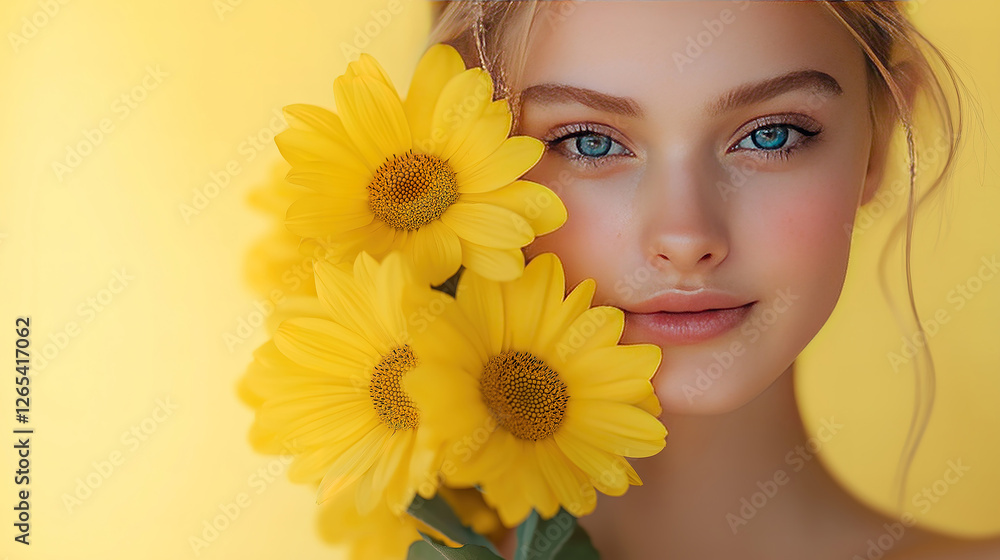 Girl holding fresh yellow spring flowers in a close-up shot with a yellow tone backdrop Girl holding fresh yellow spring flowers in a close-up shot with a yellow tone backdrop