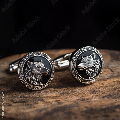 Silver wolf cufflinks on wooden surface with intricate detailing and black accents photo