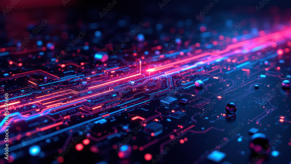 Obraz premium Digital abstract of a network representing CI/CD processes, with dynamic neon-lit pathways in hues of blue and pink, conveying tech innovation.