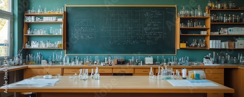 Educational chemistry classroom with teacher s desk photo