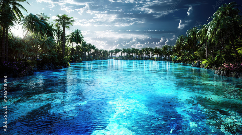 Obraz premium A serene tropical landscape with vibrant blue waters, lush palm trees, and dramatic clouds