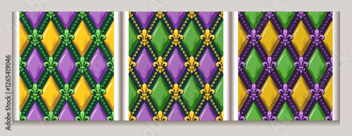 Set of geometric Mardi Gras patterns with Fleur de lis symbol, strings of beads. Diagonal classic rhombus grid. Harlequin volumetric ornament. Vintage style.