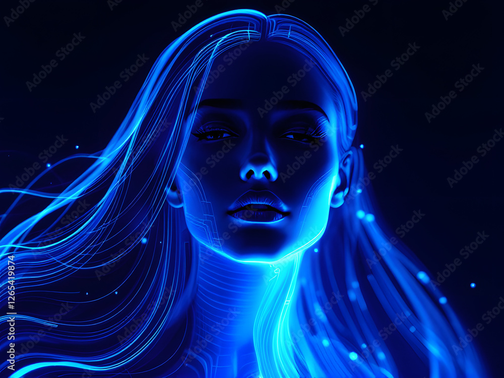 A glowing blue neon face of a woman, ethereal and radiant, set against a dark background. A glowing blue neon face of a woman, ethereal and radiant, set against a dark background.