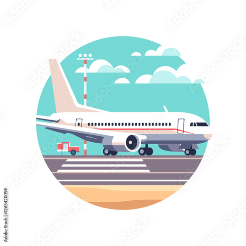 A airplane waits on the runway at an airport with a clear blue sky. Vector illustration in a minimalistic style.