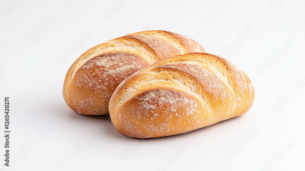 Two golden-brown bread loaves with a crusty exterior and soft interior, showcasing a classic artisanal style. Two golden-brown bread loaves with a crusty exterior and soft interior, showcasing a classic artisanal style.