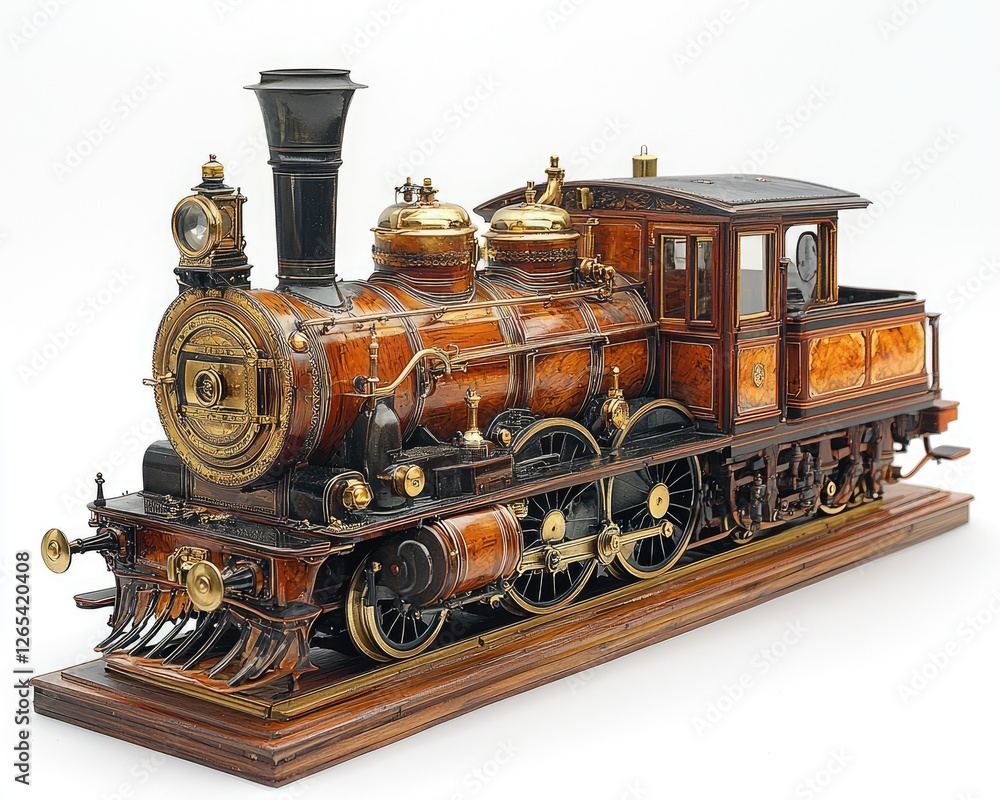 Ornate wooden model train engine on display Ornate wooden model train engine on display