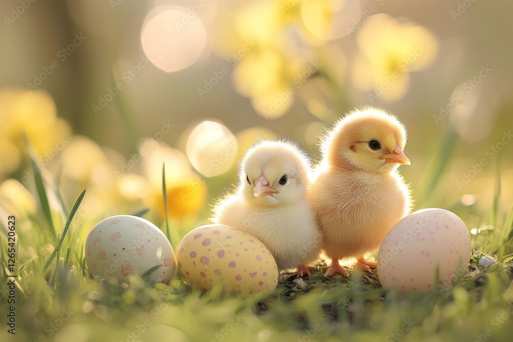 Two chicks sitting near easter eggs in spring meadow Two chicks sitting near easter eggs in spring meadow
