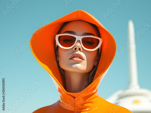 Fashion, model, orange, hoodie, sunglasses, stylish, trendy, vibrant, bright, bold, modern, chic, glamorous, edgy, urban, youthful, confident, cool, unique, eye-catching, striking, fashionable, contem photo