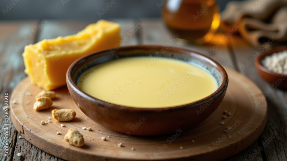 Bowl of melted yellow butter with crumbled cheese on wooden cutting board. Bowl of melted yellow butter with crumbled cheese on wooden cutting board.
