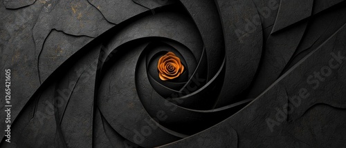 A black and orange rose is the center of a spiral