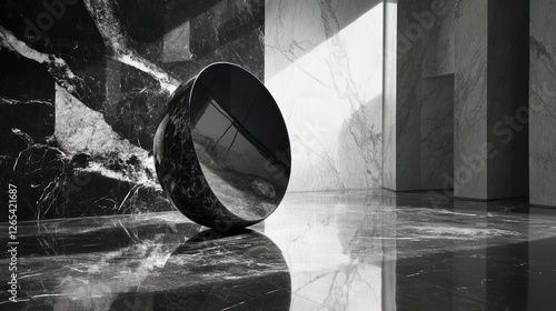Abstract black marble sphere reflecting modern interior