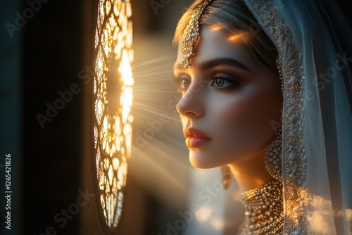 A poetic scene of a bride in heavy traditional jewelry gazing through an ornate window, sunlight casting a glow on her face as she ponders her new life, copy space background photo