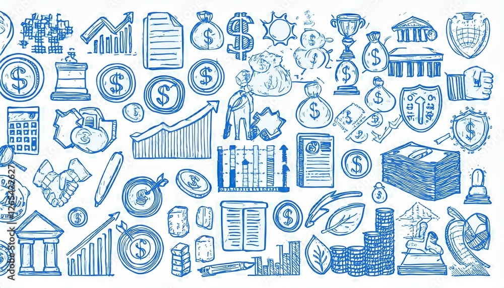 Obraz premium Hand drawn business icon set. Finance, money, investment icon sketch doodle blue pen stroke style. Business success, winner, finance element. perfect any project.