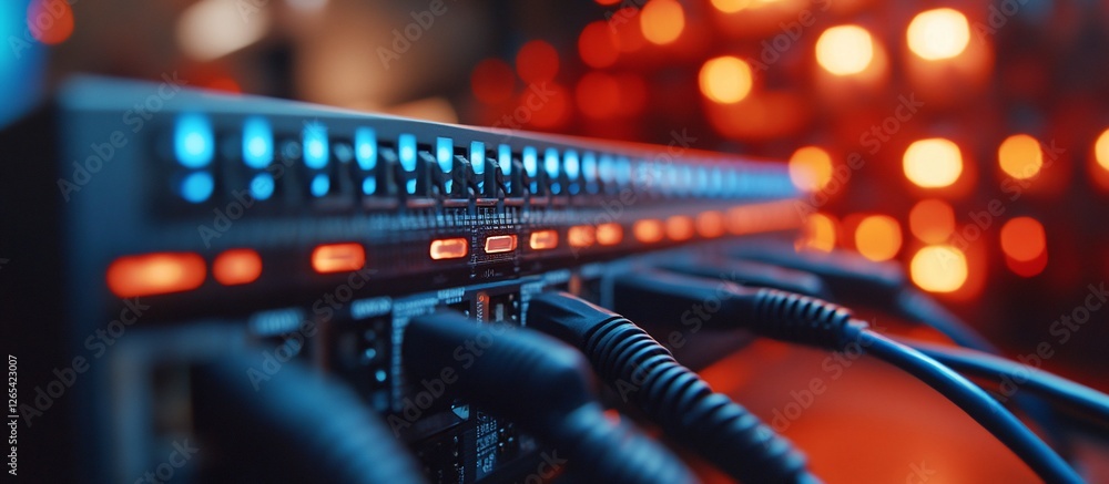 Close-up of a network switch with illuminated ports and blurred background lights Close-up of a network switch with illuminated ports and blurred background lights