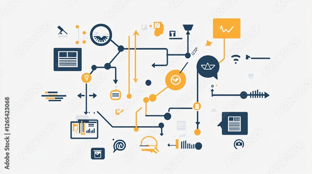 Abstract diagram illustrating a complex process or system with interconnected icons and directional arrows.