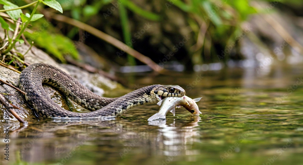 Fototapeta premium A Garter Snake Catching a Small Fish in a Stream