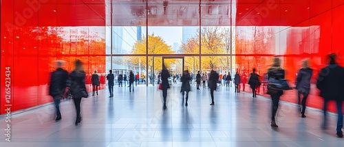Modern Architecture with Red Wall and Blurred People Walking Through a Bright Hallway