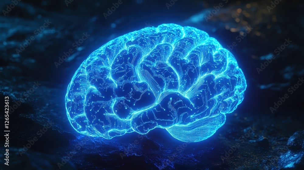 Futuristic Glowing Brain Illustration in Blue Light Futuristic Glowing Brain Illustration in Blue Light