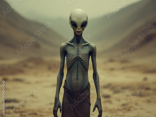 A grey alien stands alone in a barren desert landscape, evoking a sense of mystery and isolation. photo