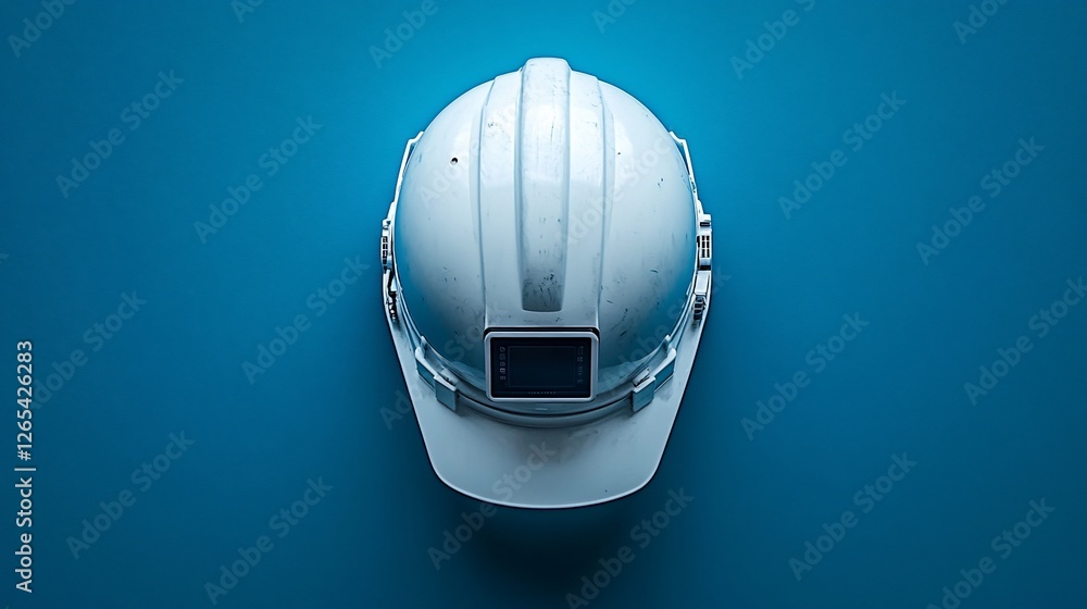 Fototapeta premium White construction helmet on a blue background, symbolizing safety in building projects