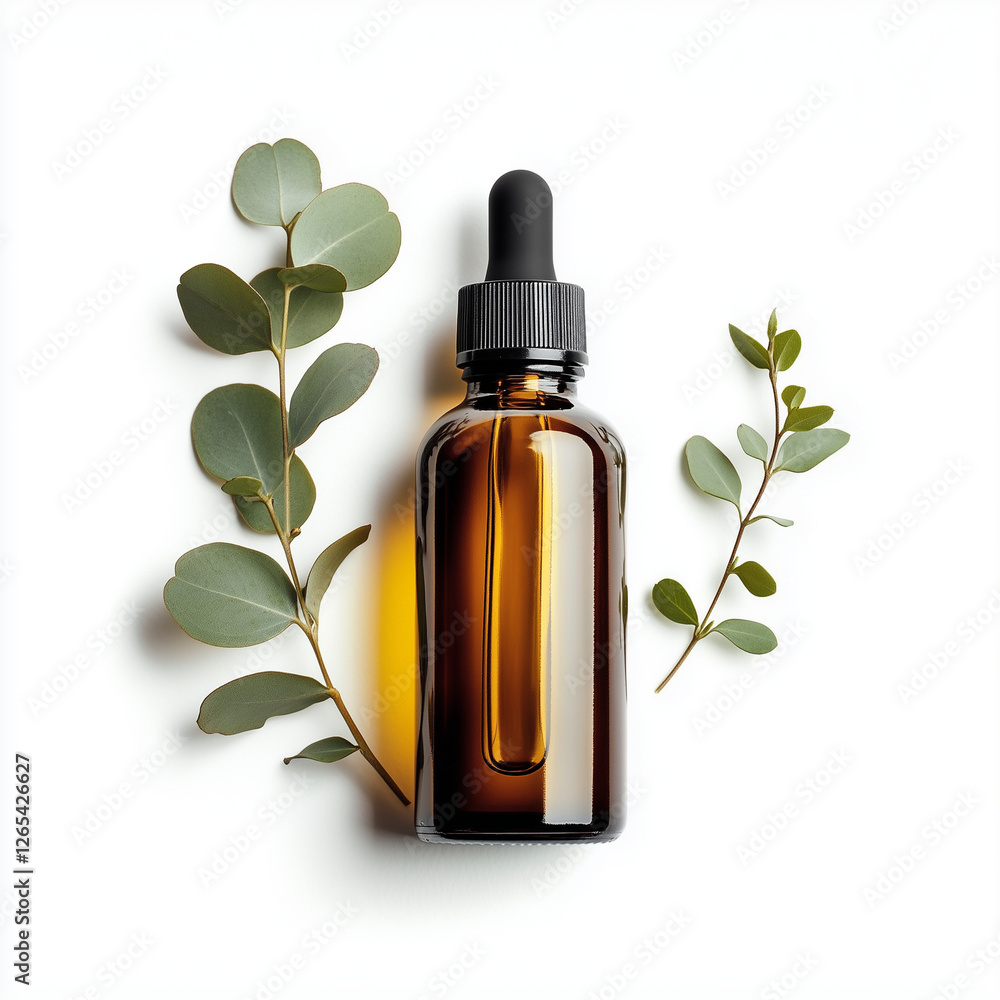 A bottle of eucalyptus oil on a clean white background, no shadow A bottle of eucalyptus oil on a clean white background, no shadow
