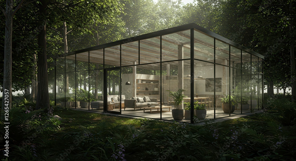 Modern Glass House Surrounded by Forest Trees in a Peaceful Setting Modern Glass House Surrounded by Forest Trees in a Peaceful Setting