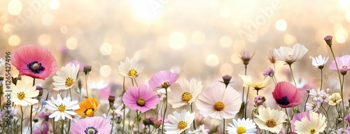 Brightly colored wildflowers bloom in a lush meadow on a sunny spring day, inviting nature lovers to enjoy the peaceful landscape photo