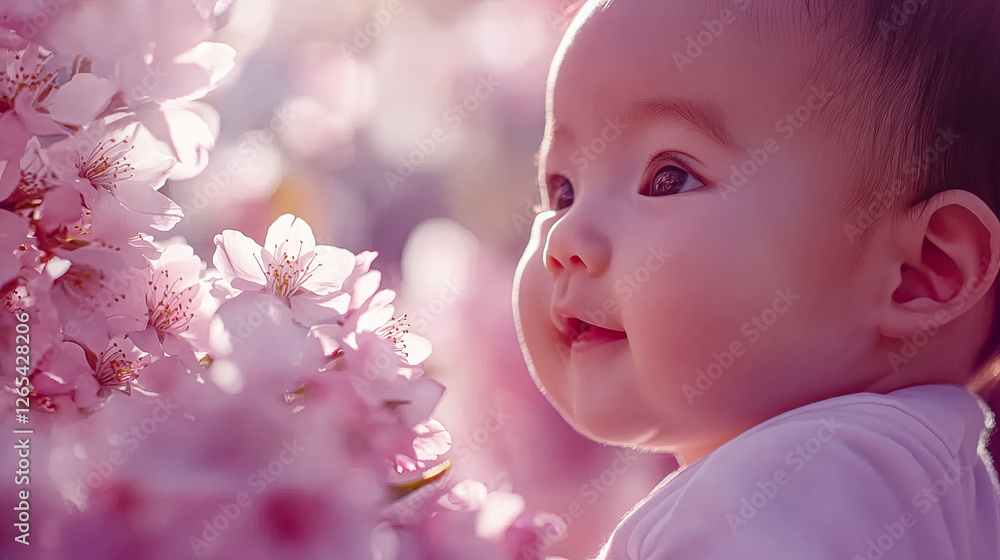 桜の花を見つめる赤ちゃんの横顔 桜の花を見つめる赤ちゃんの横顔