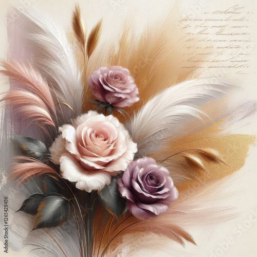 Watercolor mauve roses mixed white roses mixed pampas grass with hand writing text in background, Opulent boho bouquet