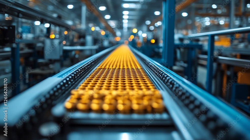 Industrial production line with golden products moving on conveyor in a modern factory Industrial production line with golden products moving on conveyor in a modern factory