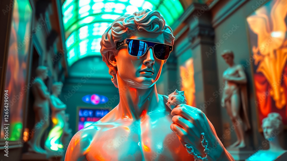 A fashionable concept, a statue of David in sunglasses stands in the hall of a modern museum along with other statues A fashionable concept, a statue of David in sunglasses stands in the hall of a modern museum along with other statues