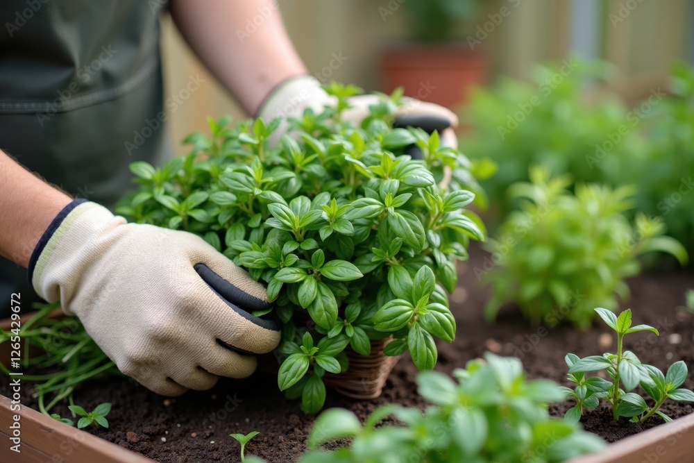 A gardener harvesting fresh herbs from a small raised bed, with gardening gloves on and a basket filled with basil and parsley nearby A gardener harvesting fresh herbs from a small raised bed, with gardening gloves on and a basket filled with basil and parsley nearby
