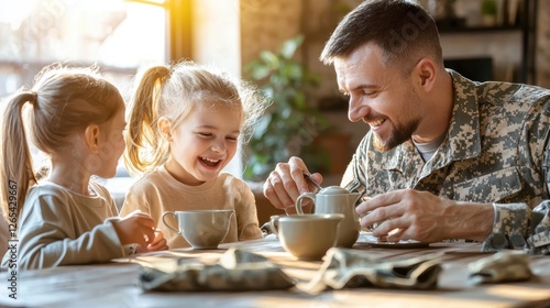 Military Father Bonding with Daughters at Home  
