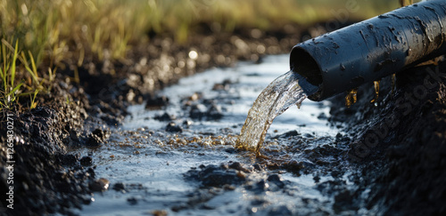 Wallpaper Mural Thick black oil spills from a pipe into a small puddle, creating a disturbing contrast against the green grass nearby Torontodigital.ca