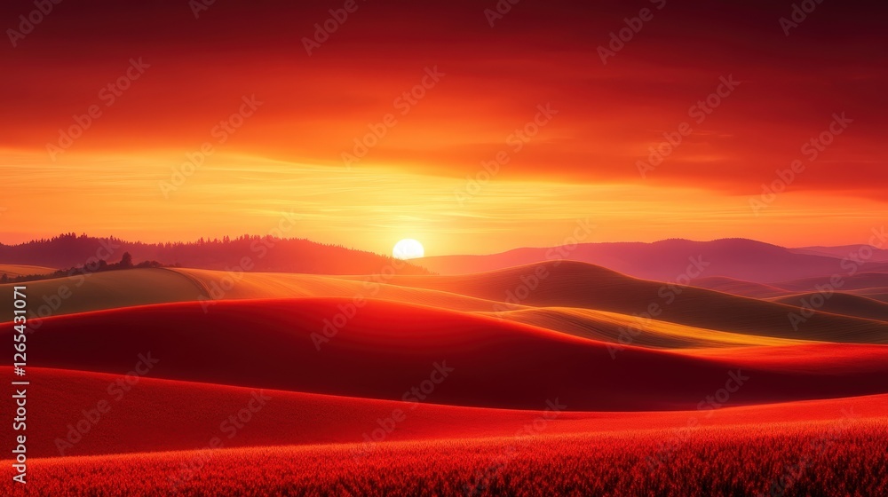 Experience the serene beauty of nature with this stunning sunset over rolling hills Experience the serene beauty of nature with this stunning sunset over rolling hills