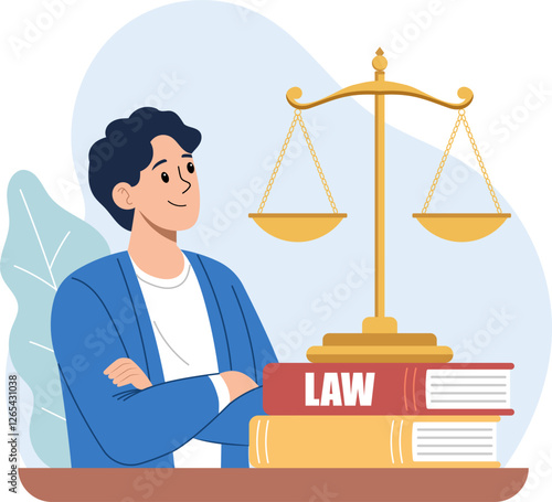 Illustration of a young man sits at a table with a confident expression. In front of him is a scale, a symbol of justice, along with a book on the law.