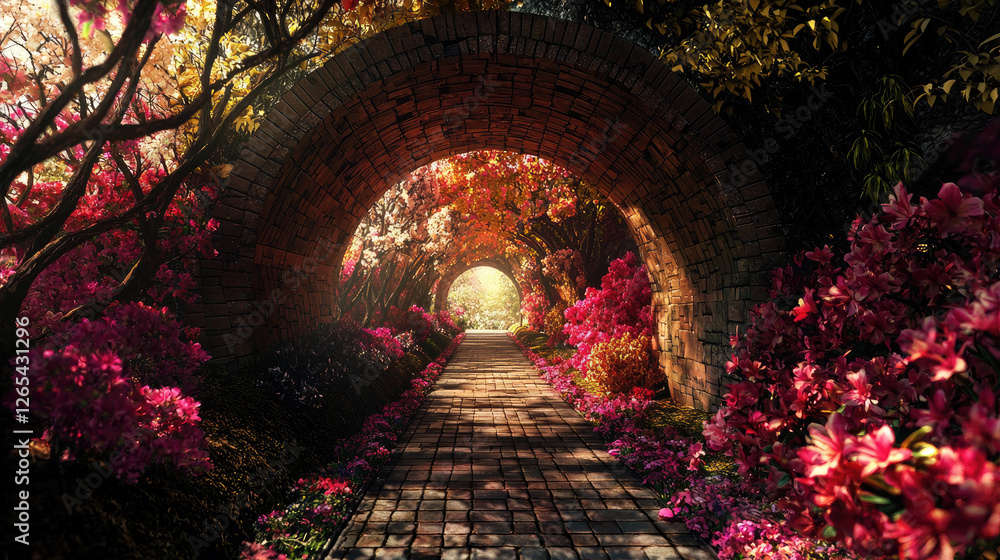 Fototapeta premium Serene garden pathway surrounded by vibrant flowers under arching stone structures
